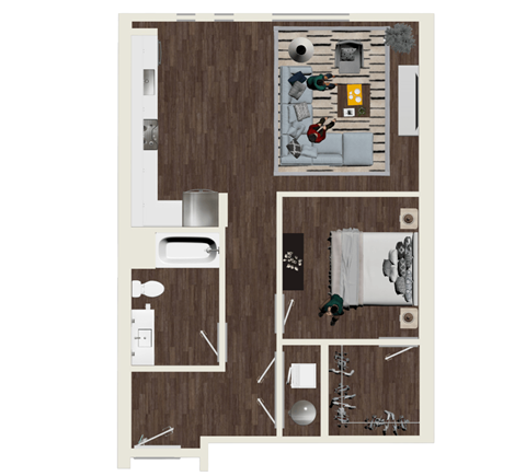 Floor plan for 1 bed, 1 bath, 834 sqft